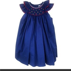 Petit Ami Navy Blue Polka Dot Smocked Flutter Sleeve Dress with Red Trim